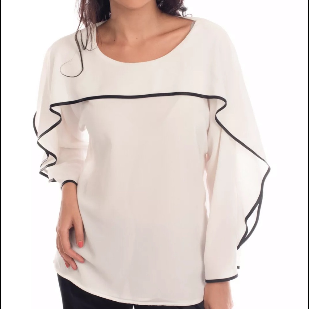 Ruffled Crepe Top Blouse Two Tone Draped Cut Out